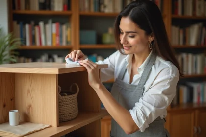 Femme entretenant un book stacker en bois avec un chiffon microfibre dans une bibliothèque chaleureuse