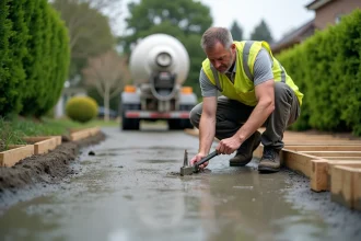 Ouvrier mesurant l'épaisseur d'une dalle de béton pour allée voiture avec une jauge de profondeur