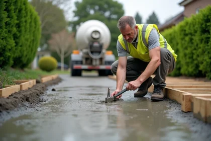 Ouvrier mesurant l'épaisseur d'une dalle de béton pour allée voiture avec une jauge de profondeur