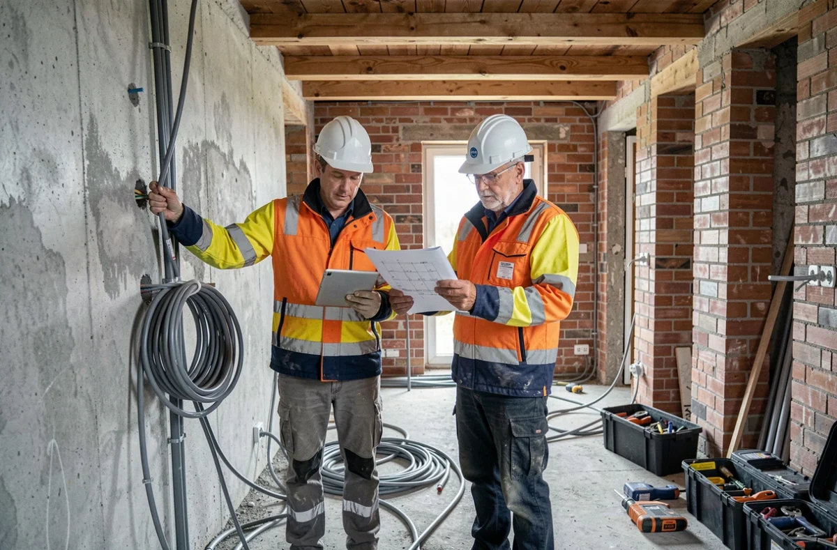 Deux électriciens professionnels travaillant ensemble sur un chantier de rénovation électrique en France