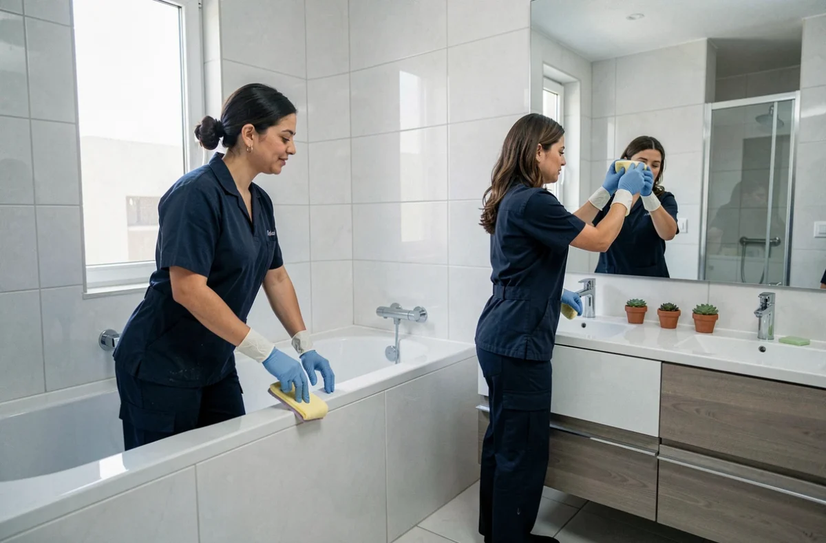 Deux femmes de ménage en uniforme marine nettoyant une salle de bain moderne dans une résidence haut de gamme à Alger