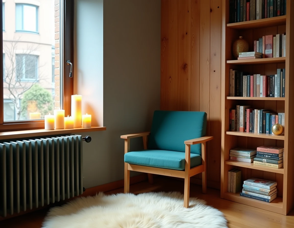Coin lecture avec décoration hygge ratée, fauteuil inconfortable et bougies mal agencées cassant l'effet cocooning