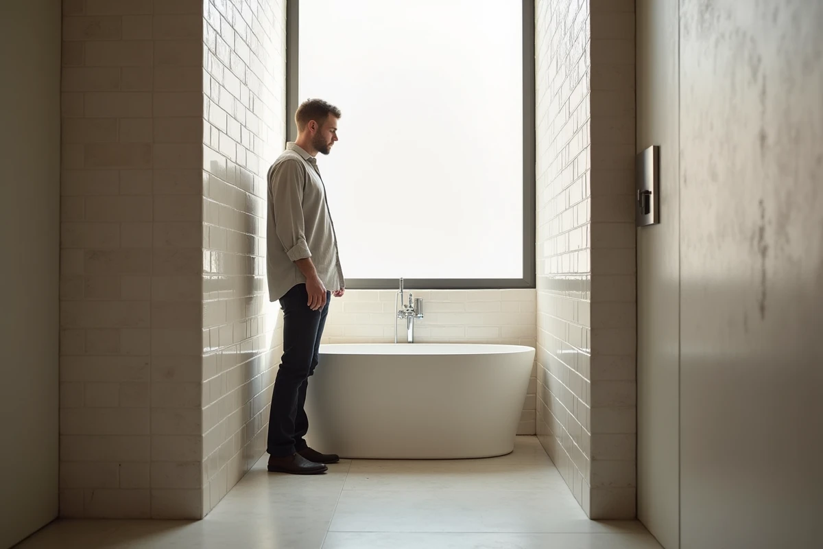 Personne debout entre une baignoire et une cloison dans une salle de bain, montrant l'espace de circulation minimal de 60 cm entre les équipements sanitaires