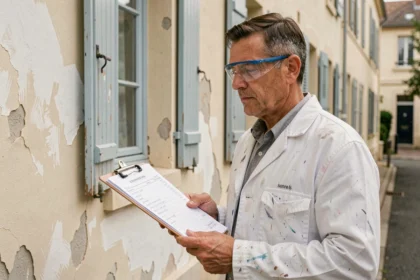 Artisan peintre évaluant le coût d'une rénovation de façade devant une maison française