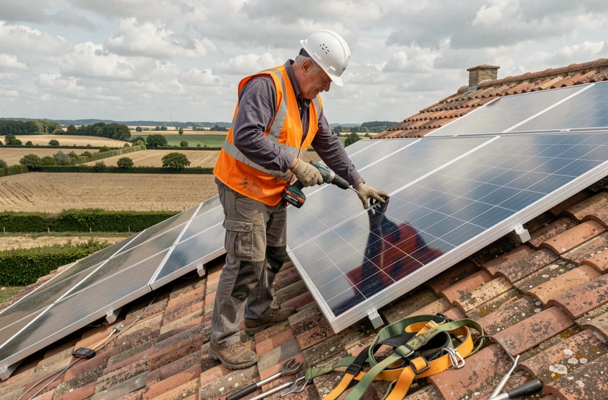 Spécialiste de l'entreprise Ets Bozdag fixant des panneaux solaires sur le toit d'une ferme traditionnelle près d'Amboise