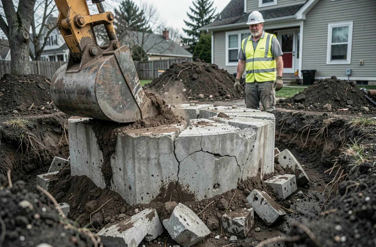 Excavation d'une ancienne fosse septique en béton dans un jardin avec engin de chantier et ouvrier en gilet haute visibilité