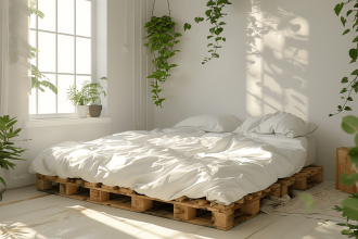 Lit en palette personnalisé dans une chambre moderne et écologique