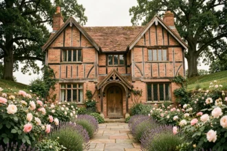 Façade d'un cottage style Arts and Crafts en briques rouges avec jardin anglais traditionnel et menuiseries en bois apparentes