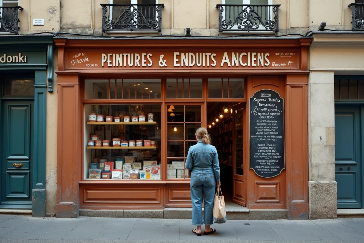 Façade d'un magasin de peinture indépendant spécialisé dans la rénovation d'appartement ancien dans une rue pavée française avec une cliente devant la vitrine