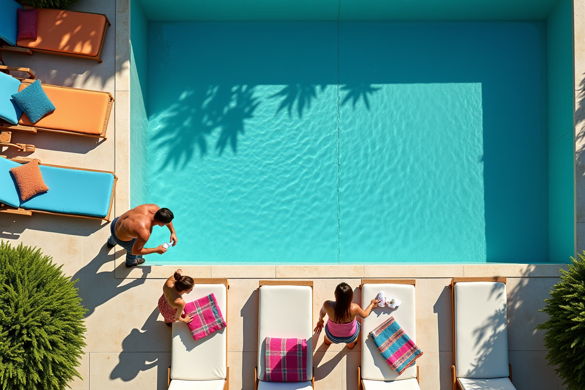 Famille arrangeant mobilier autour de la piscine en journée