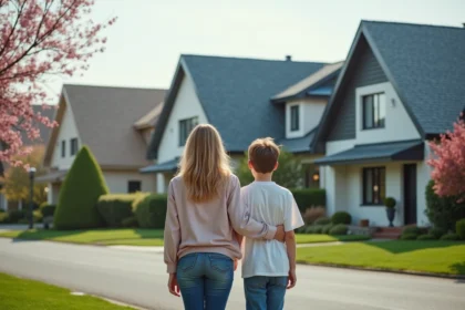 Famille admire le toit en ardoise de leur maison moderne