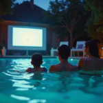 Famille profitant d'une soirée piscine avec projection lumineuse