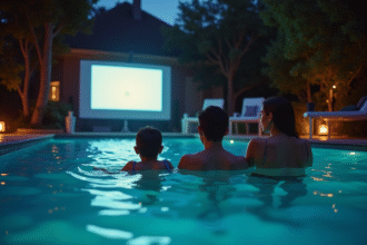Famille profitant d'une soirée piscine avec projection lumineuse