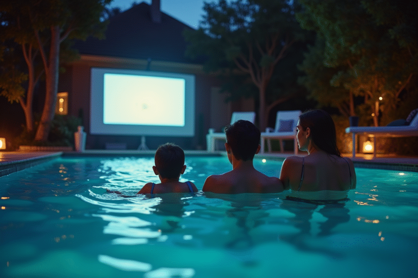 Famille profitant d'une soirée piscine avec projection lumineuse