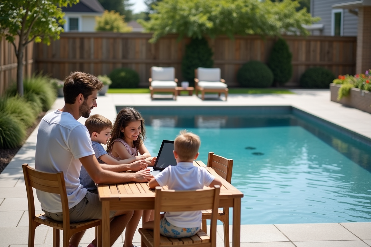 Famille regardant piscine moderne dans leur jardin