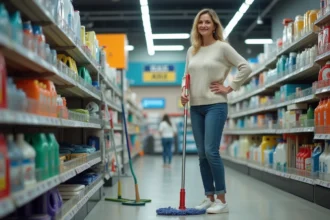 Femme inspectant un balai mop dans un rayon de magasin