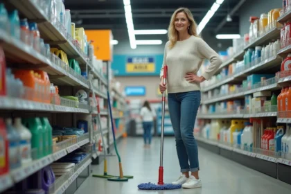 Femme inspectant un balai mop dans un rayon de magasin