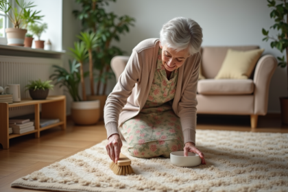 Femme agee nettoyant un tapis beige avec brosse naturelle