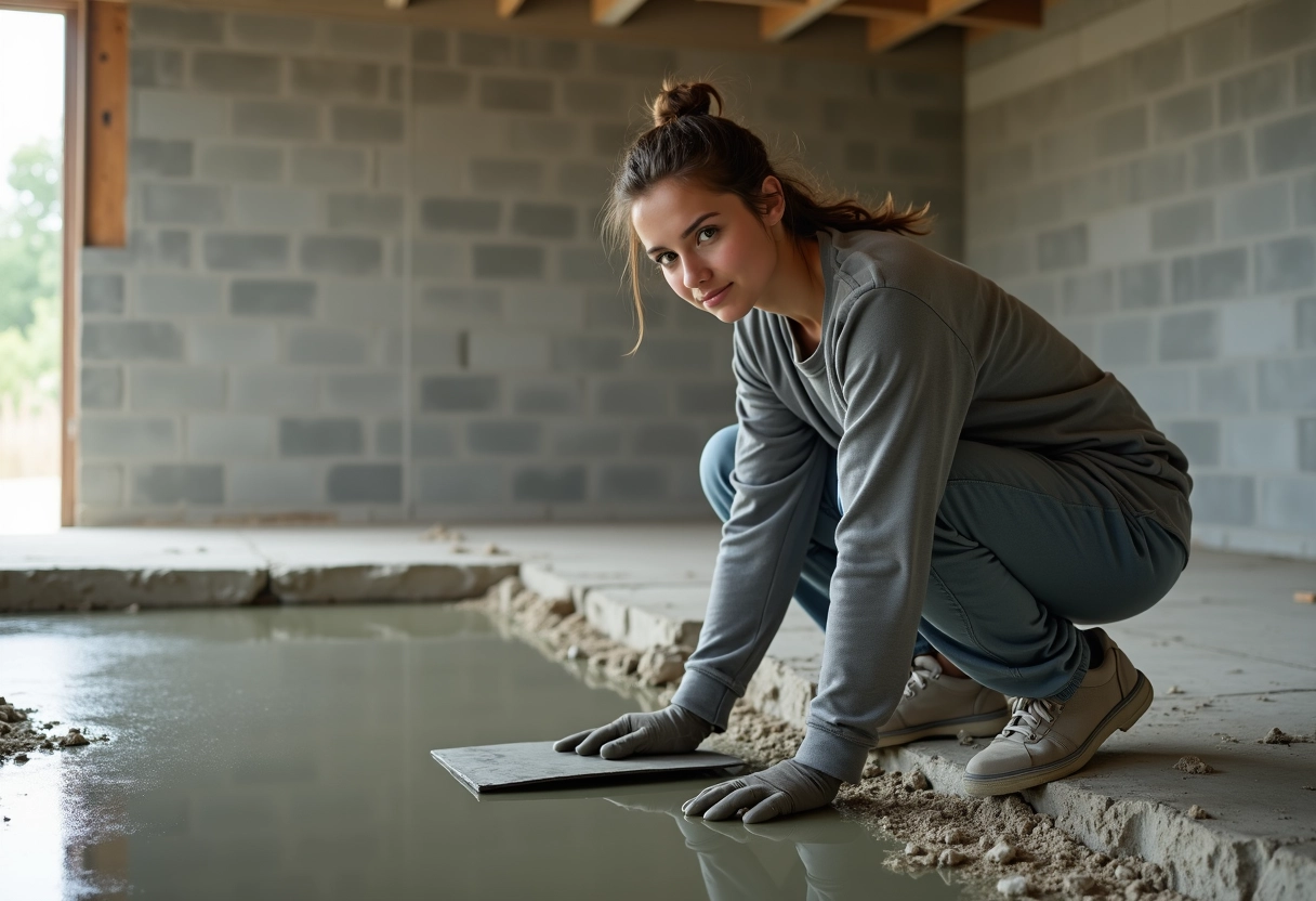 Jeune femme appliquant du béton dans une pièce en construction