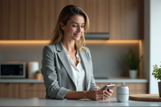 Femme d'âge moyen parlant à un assistant vocal dans une cuisine moderne