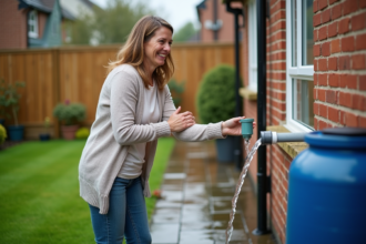 Femme attachant un diverter d'eau de pluie devant sa maison