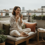 Femme souriante sur balcon en lin et coton