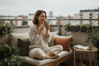 Femme souriante sur balcon en lin et coton