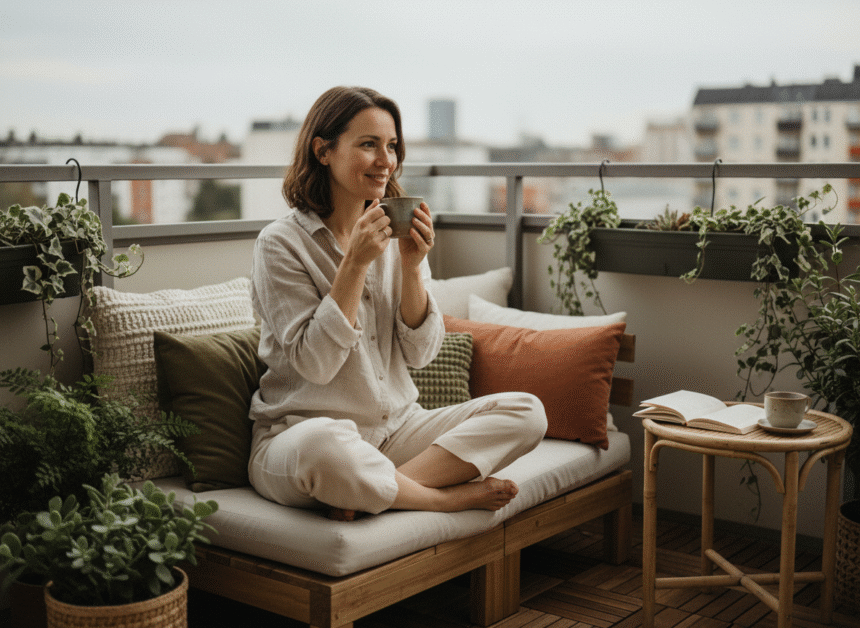 Femme souriante sur balcon en lin et coton