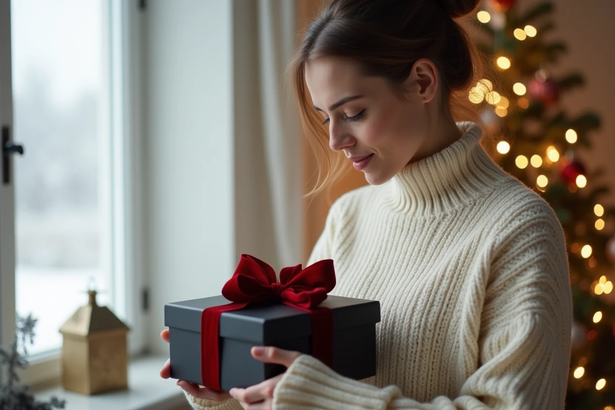 Femme tenant une boîte à cadeau vide noire avec nœud en velours cramoisi dans un salon scandinave minimaliste pour Noël