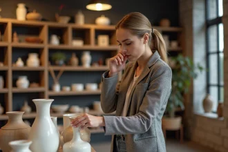 Femme stylée choisissant des objets déco dans une boutique