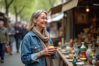 Femme souriante en brocante vintage avec vase en main