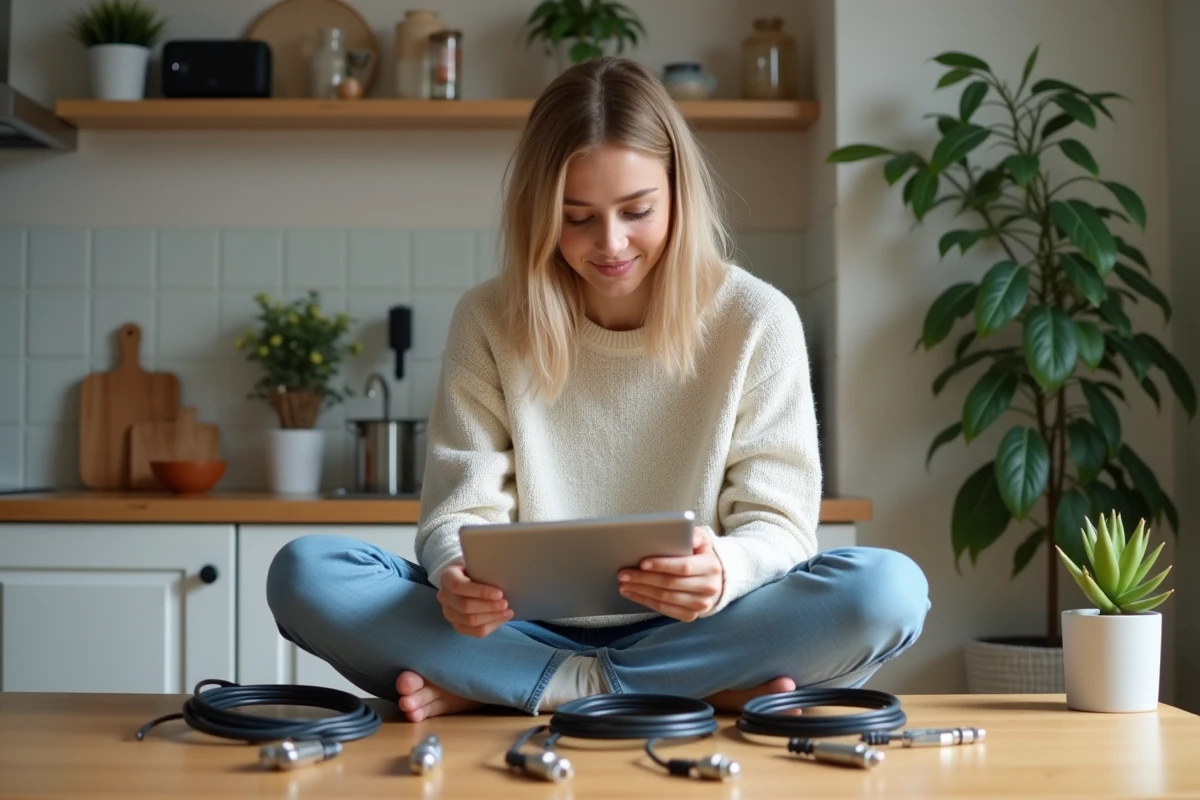Jeune femme analyse câbles coaxiaux à la cuisine