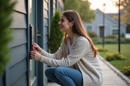 Femme en casual entrant un code dans une serrure moderne