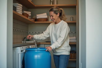 Femme versant de l'eau de pluie dans une machine à laver