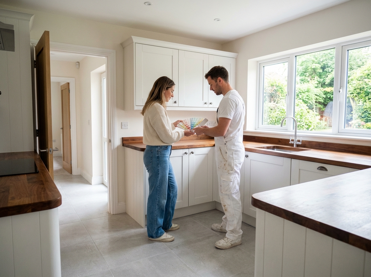 Femme regardant un nuancier dans une cuisine rénovée