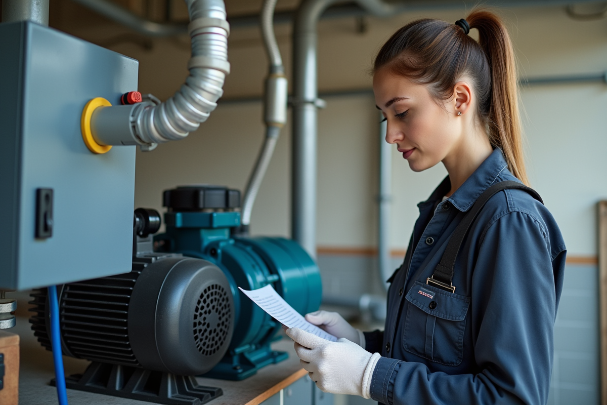 Jeune femme vérifiant une pompe de piscine en intérieur