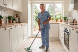 Femme de ménage professionnelle en uniforme bleu nettoyant le sol d'une cuisine moderne à Mérignac