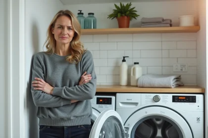 Femme déçue devant un lave-linge en panne affichant un code erreur dans une buanderie moderne