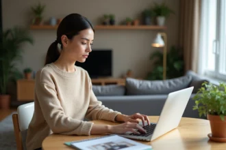 Femme examinant des rendus 3D dans un salon moderne