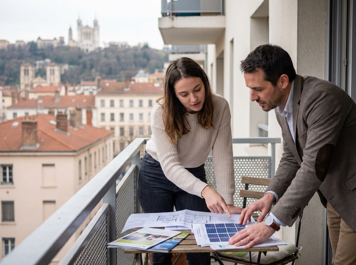 Jeune femme discutant plans solaires avec un conseiller sur un balcon lyonnais