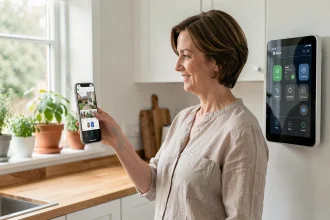 Femme utilisant un tableau de bord domotique sur écran mural dans une cuisine moderne connectée