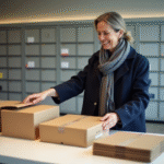 Femme souriante préparant des colis en bureau de poste