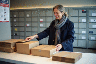 Femme souriante préparant des colis en bureau de poste