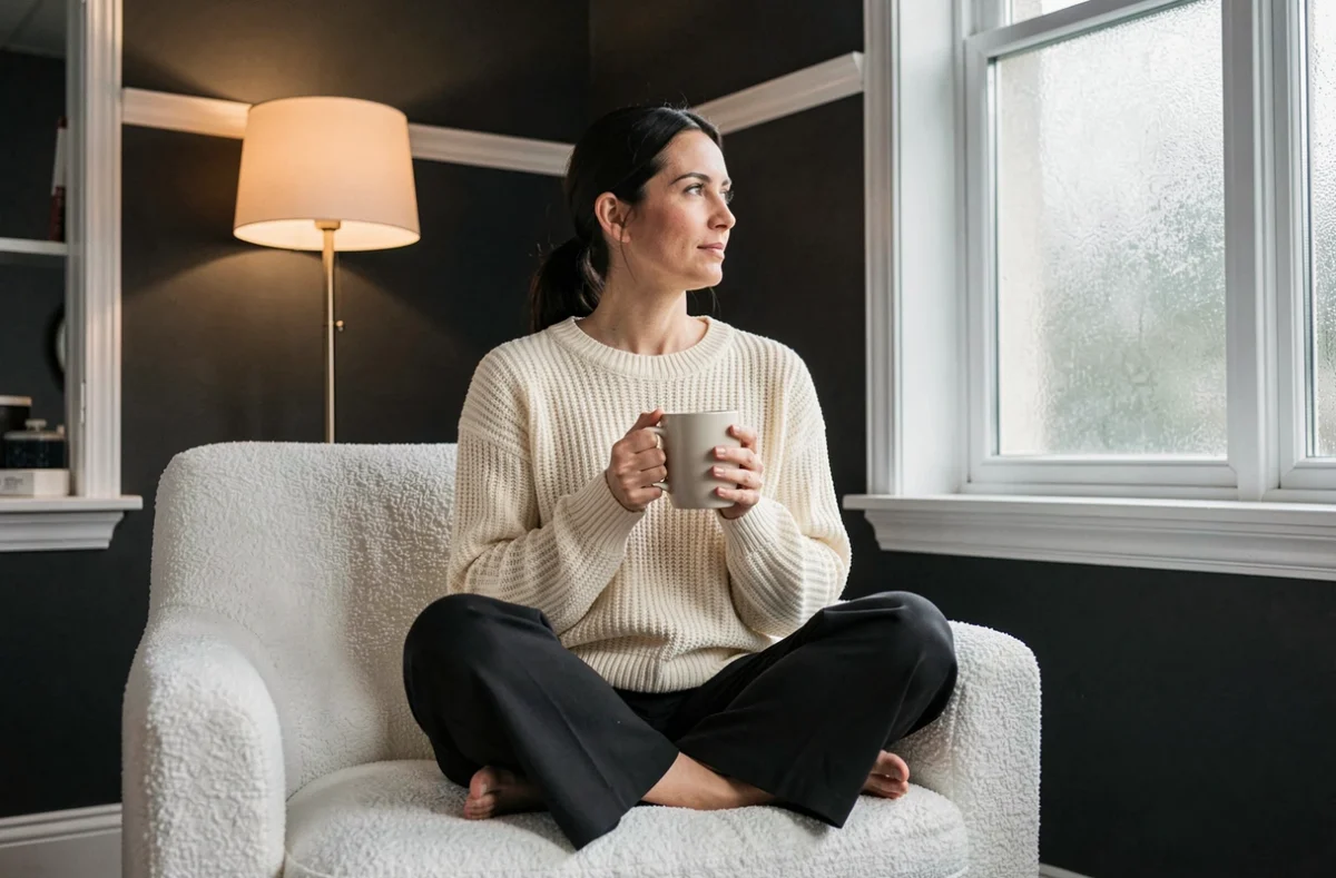 Femme assise dans un fauteuil blanc bouclette dans un salon décoré en noir et blanc
