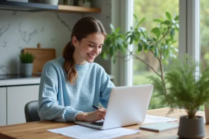 Jeune femme remplissant un formulaire d'assurance logement à la maison
