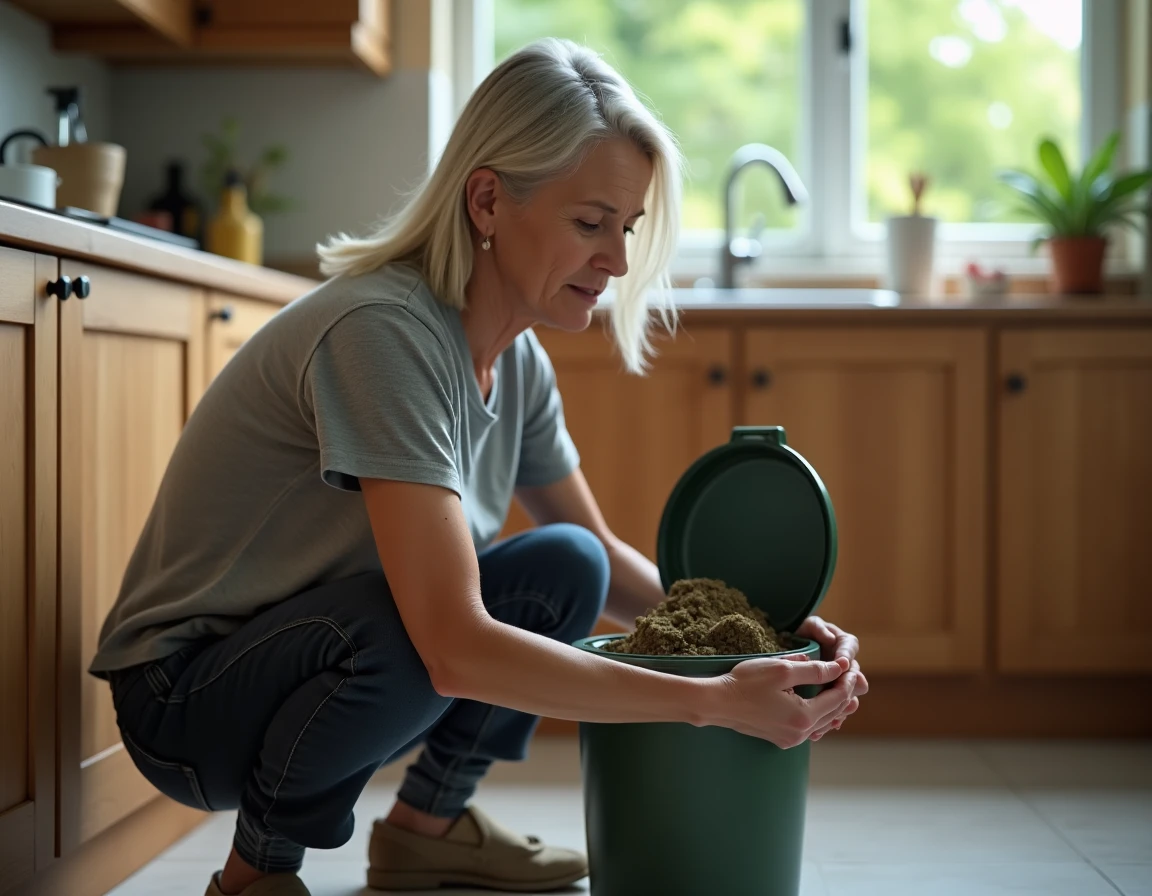 Femme inspectant un bac à compost à la recherche d'un nid de mouches dans la cuisine
