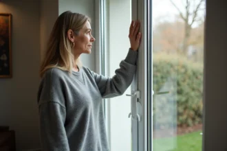 Femme vérifiant les courants d'air près d'une fenêtre