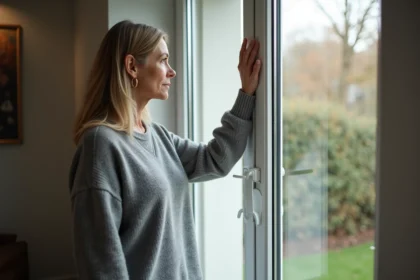 Femme vérifiant les courants d'air près d'une fenêtre