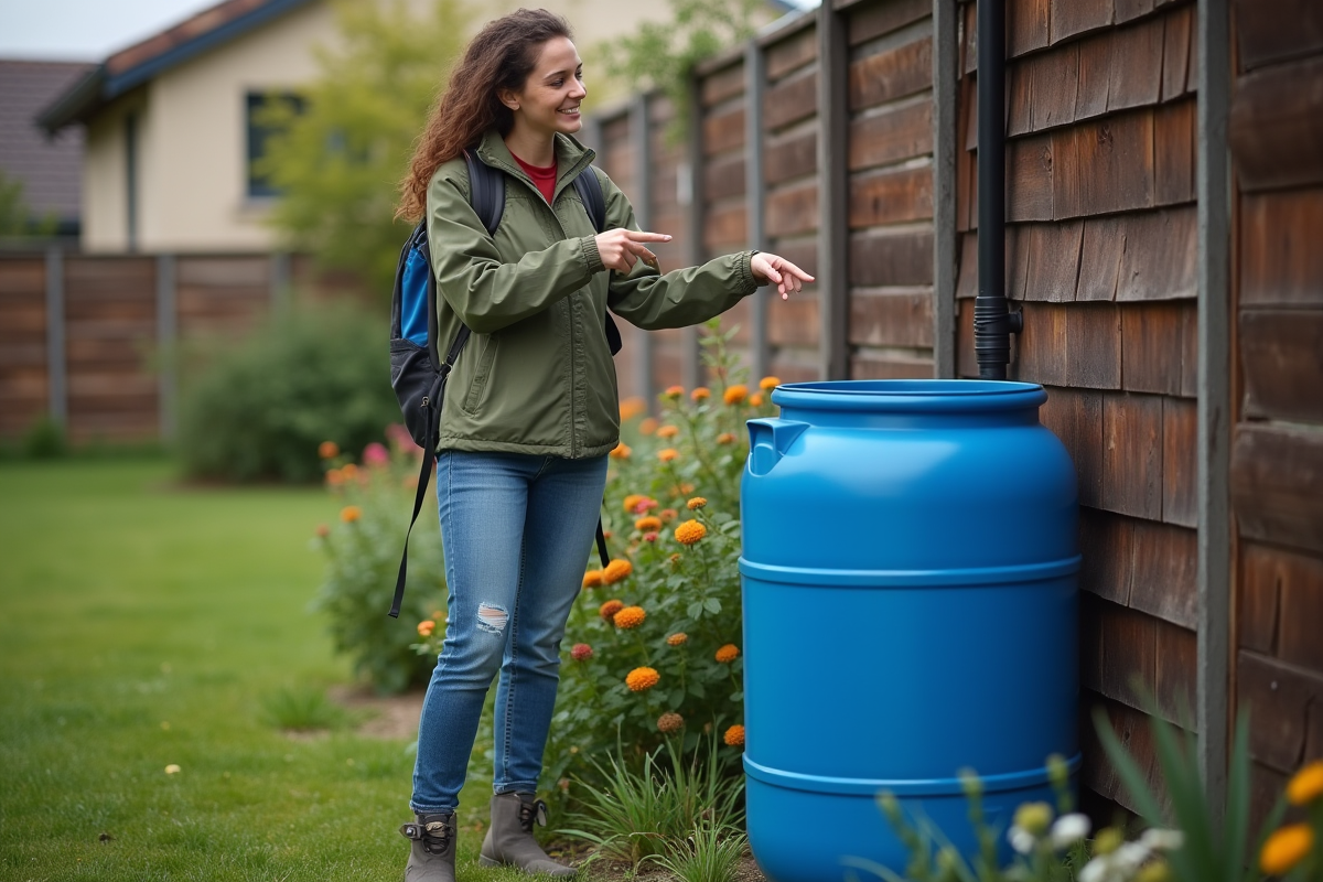 Jeune femme pointant vers un baril de récupération d