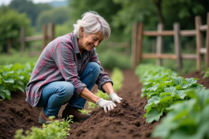 Femme en jeans et gants de jardinage dans un potager